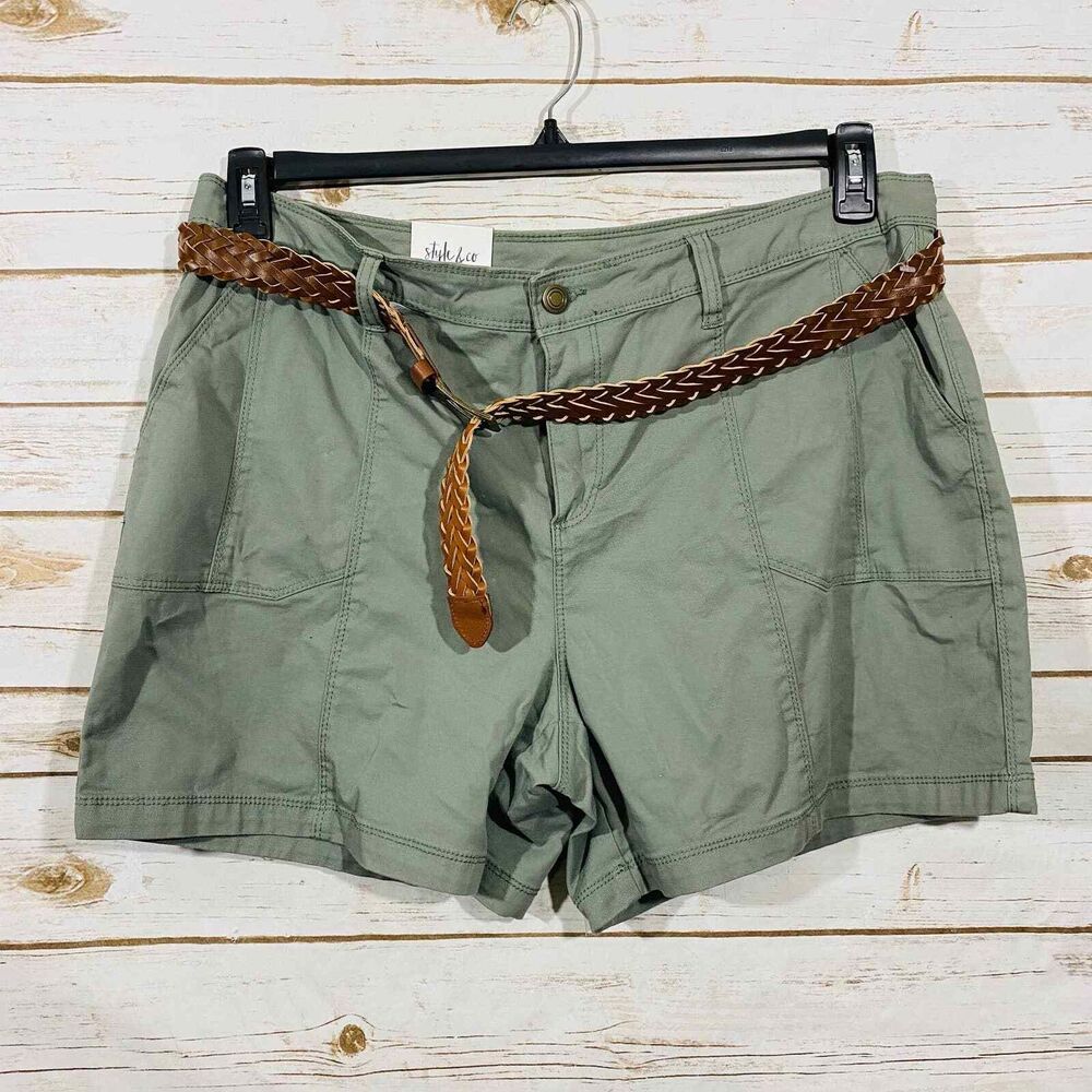 Style & Co‎ Women's SZ 16 Shorts Chinos Green Belted Flat Front Pockets Mid-Rise